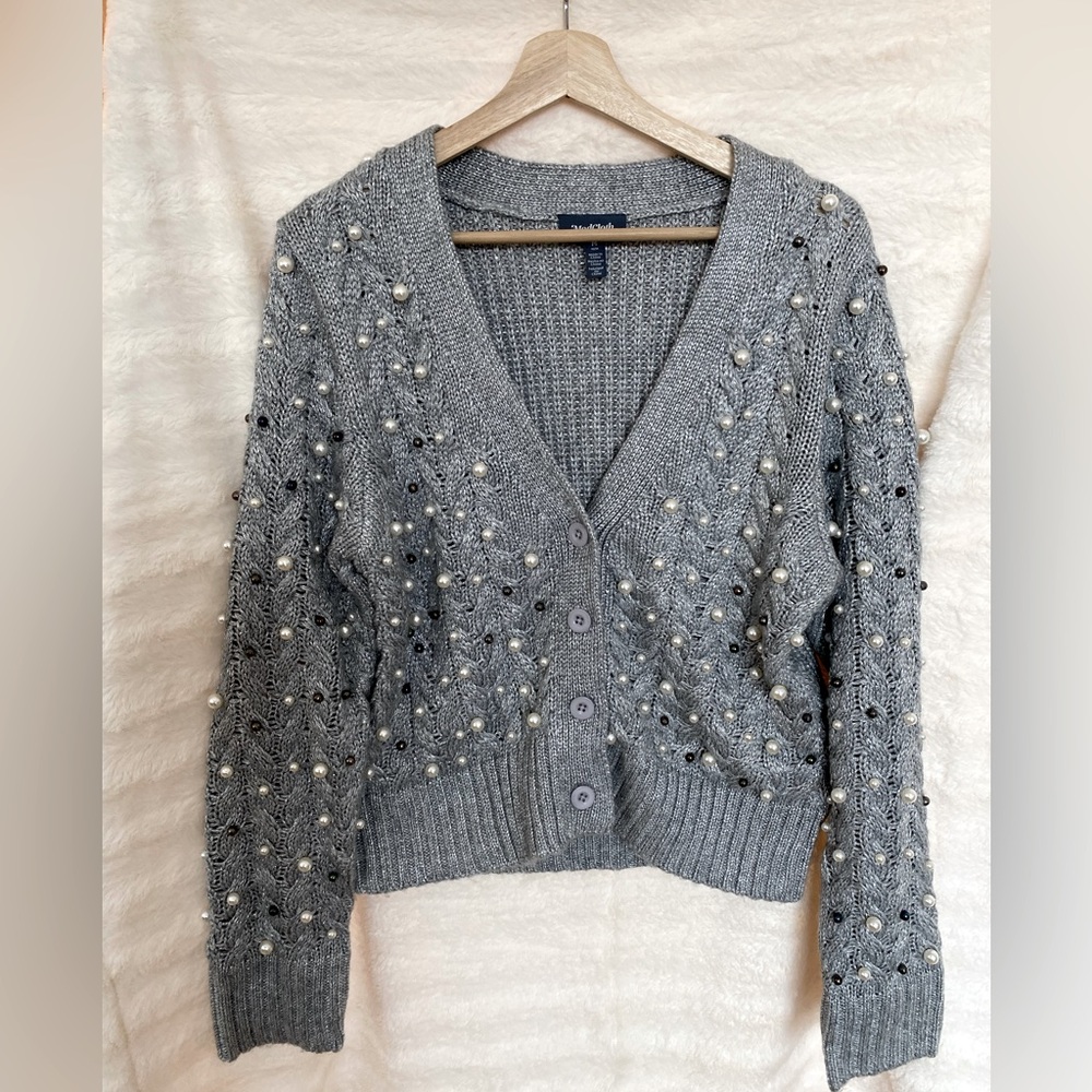 ModCloth Women Pearl And Silver Cardigan Grey Sparkly Size Medium